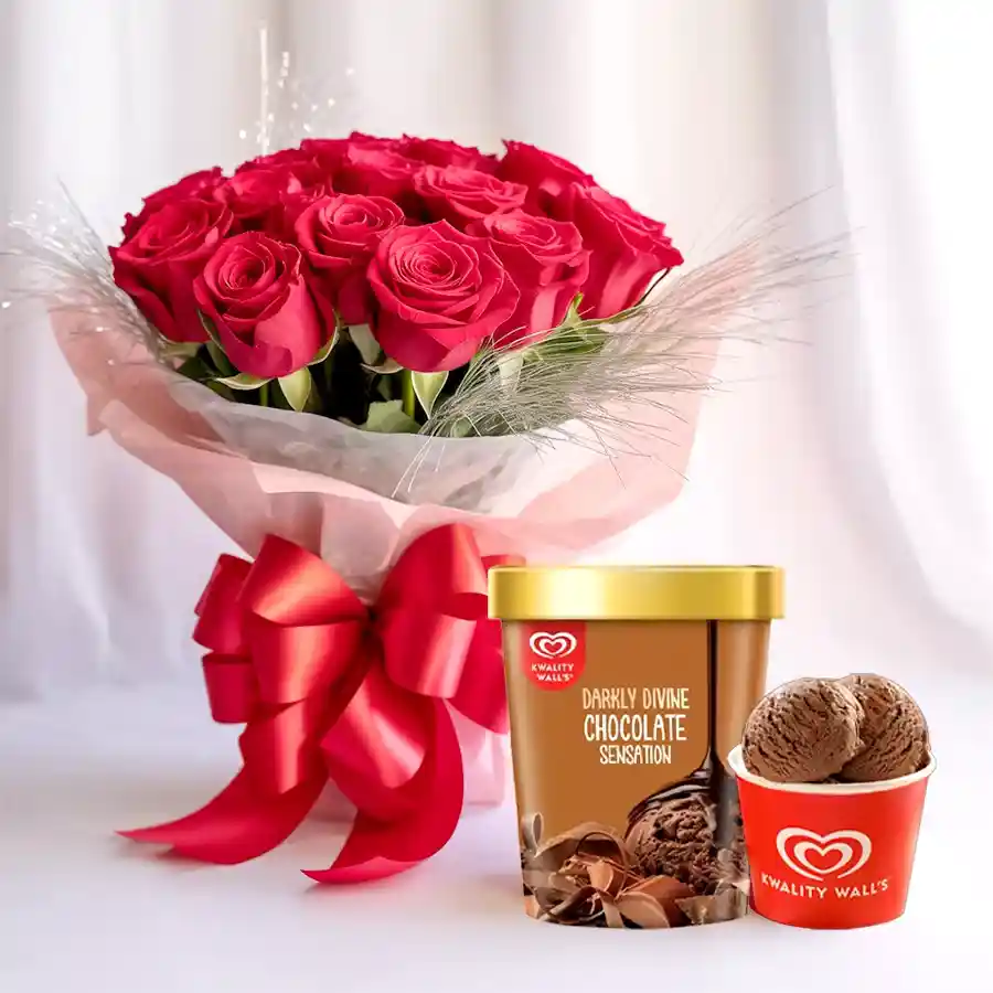 A bouquet of 15 fresh red roses alongside a 700g tub of Kwality Walls chocolate ice cream, perfect for Mother's Day gifting.