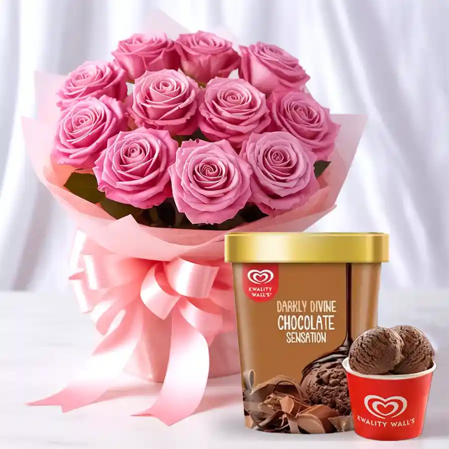 A vibrant bouquet of 10 pink roses paired with 700g of Kwality Walls chocolate ice cream, perfect for Mother's Day gifting.