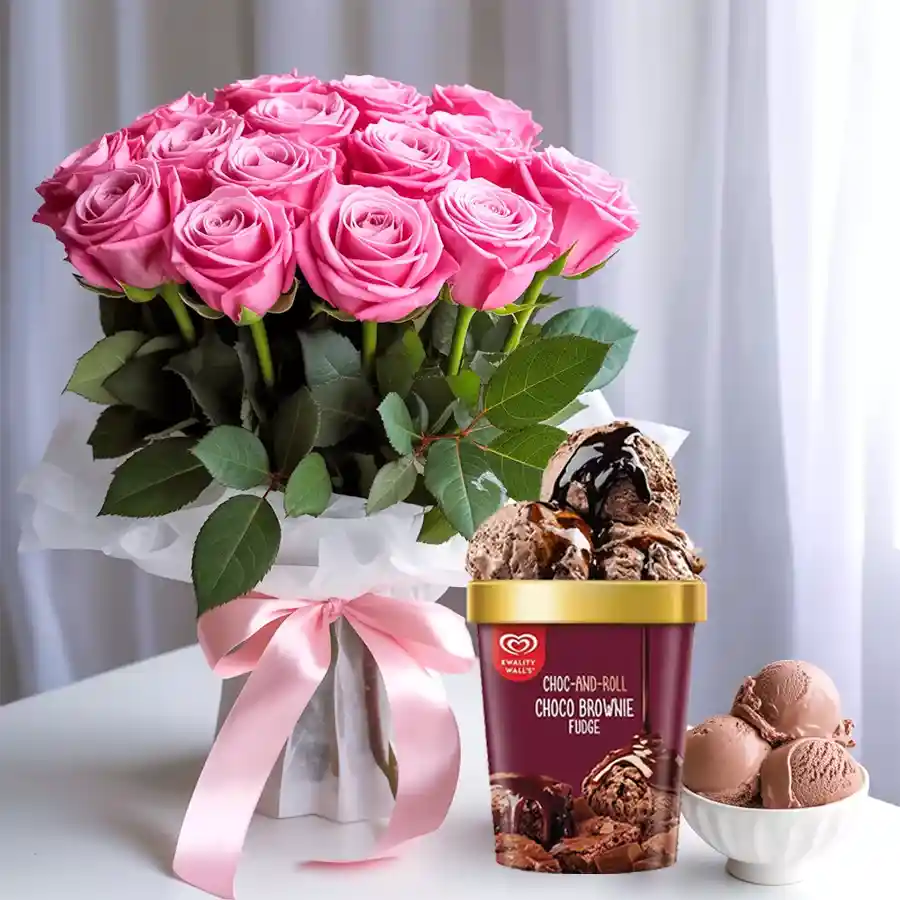 Elegant bouquet of 15 pink roses paired with Choco Brownie Fudge Ice Cream from Kwality Walls. Perfect for Mother’s Day gifting.