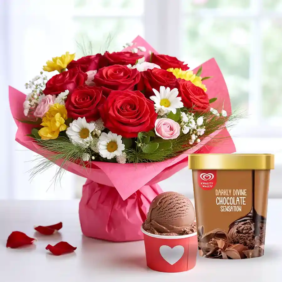 Elegant 18 Mixed Flower Arrangement with Chocolate Ice-Cream from Kwality Walls for Mother's Day.