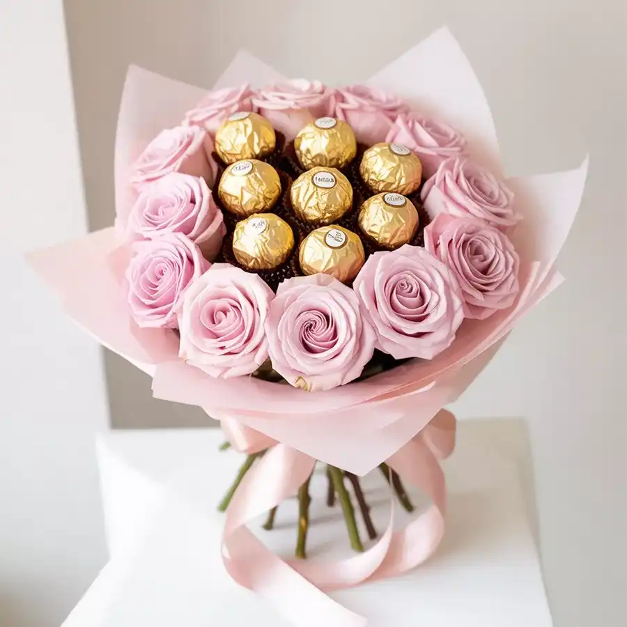 A beautiful arrangement of pink roses and Ferrero Rocher chocolates for Mother's Day.