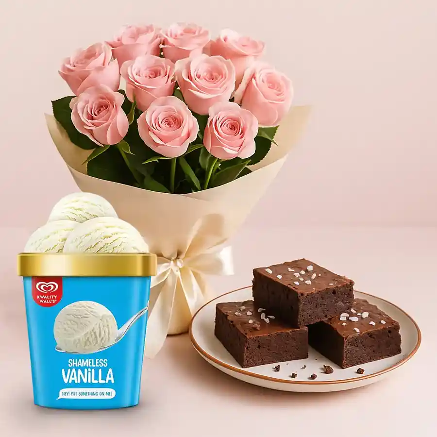 Elegant bouquet of pink roses with chocolate brownies and vanilla ice cream pack.