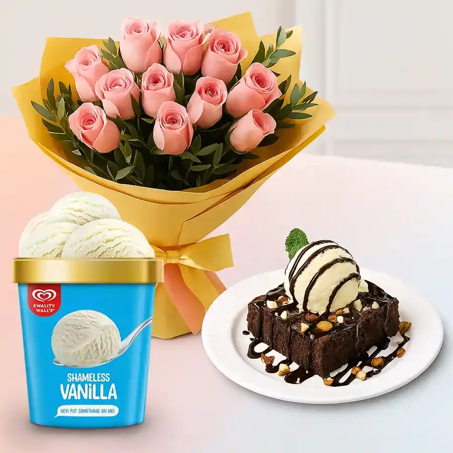 Beautiful pink roses with chocolate walnut brownies and vanilla ice cream gift set.