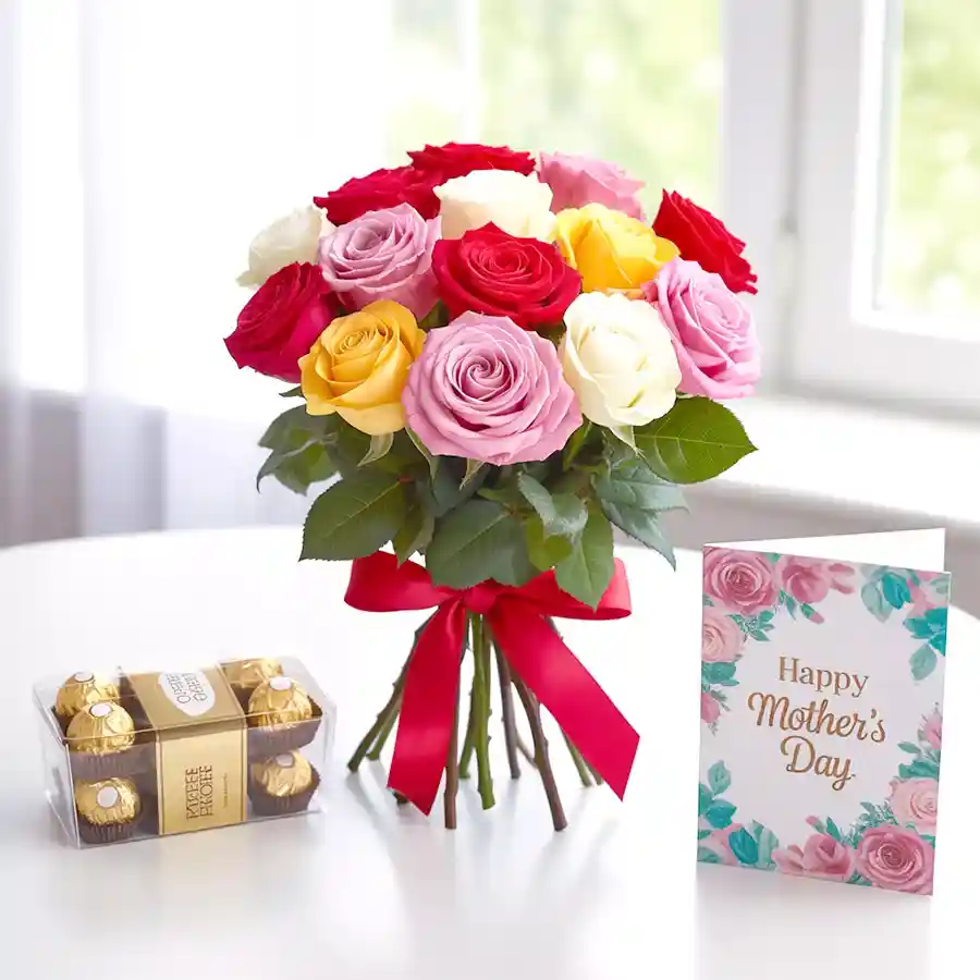 Luxurious gift of Ferrero Rocher chocolates and a mixed roses bouquet for Mother's Day.