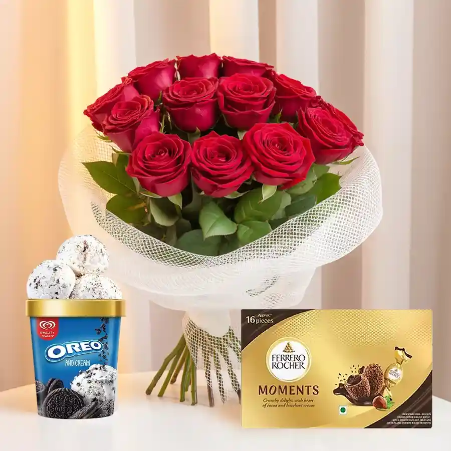 Magnificent red roses bouquet with Oreo ice cream and Ferrero Rocher chocolates.