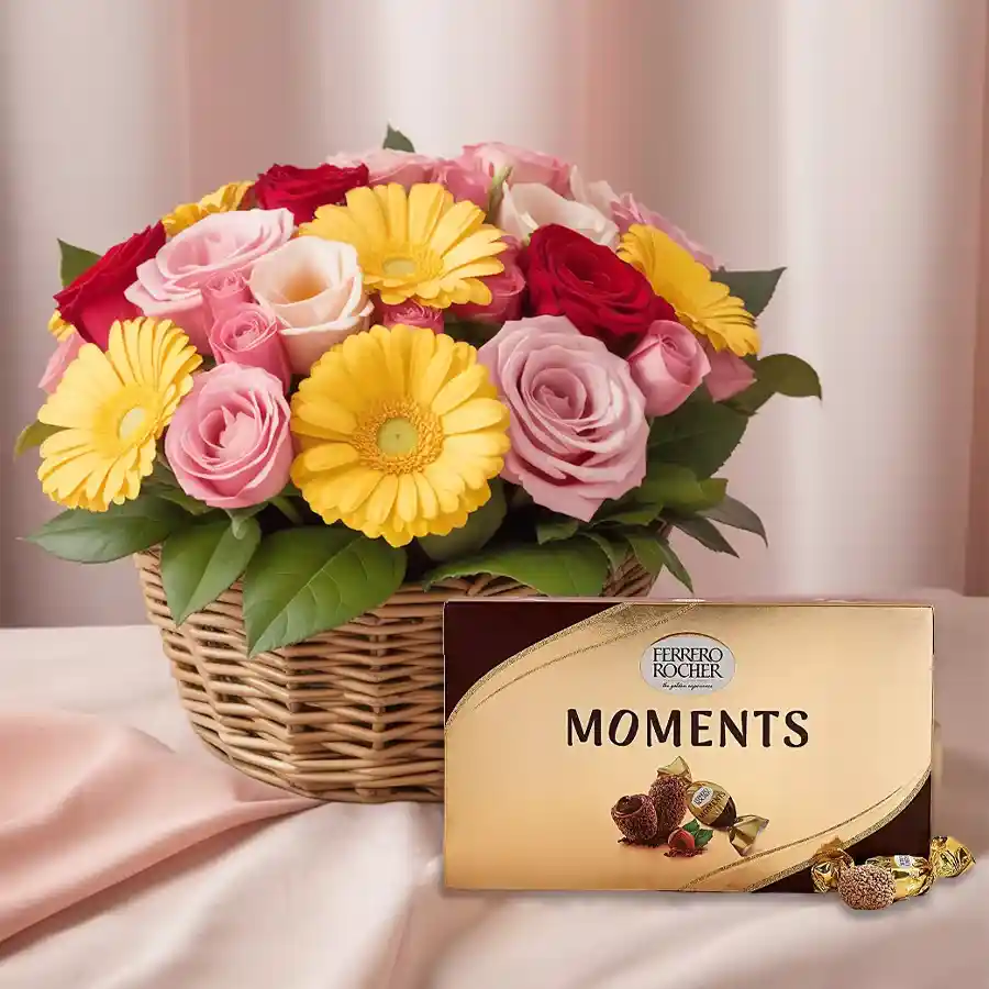 A beautiful basket containing 24 mixed flowers and Ferrero Rocher chocolates, perfect for celebrating Mother's Day.