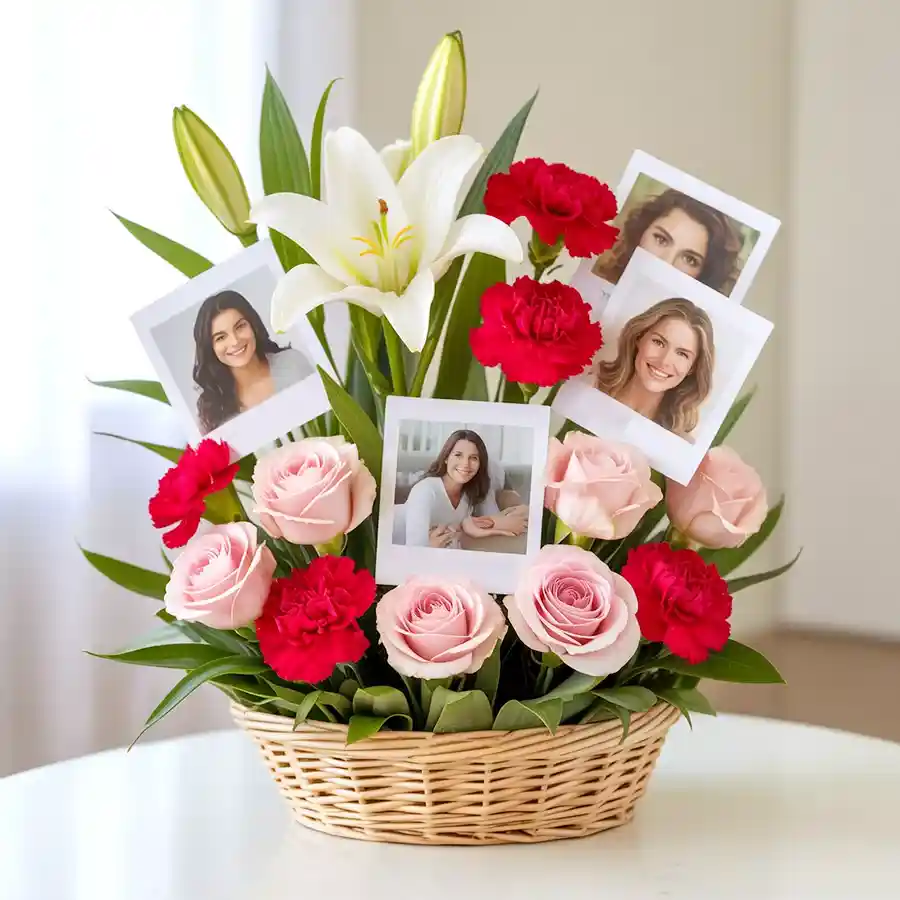 Designer Mixed Flowers Basket featuring lilies, roses, carnations, and personalized photos for Mother's Day.
