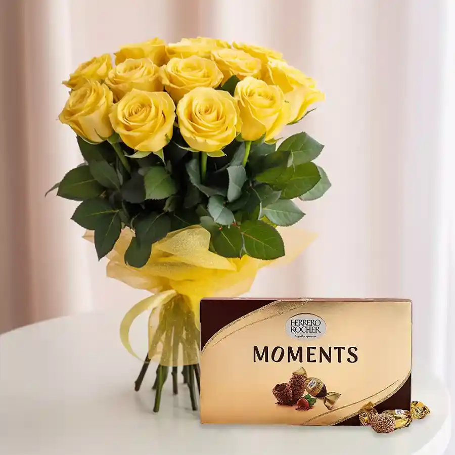 Beautiful bouquet of yellow roses with a box of Ferrero Rocher chocolates for Mother's Day.