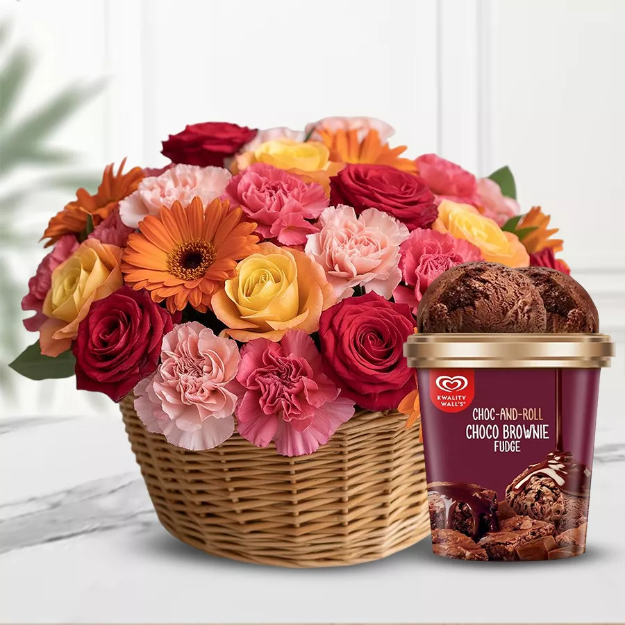 A vibrant arrangement of 24 mixed flowers paired with Kwality Walls Choco Brownie Fudge Ice Cream in a delightful presentation.