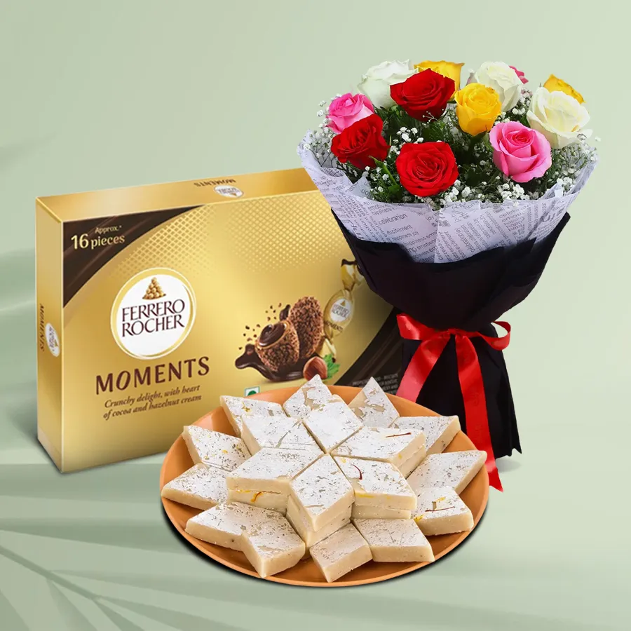 A beautiful bouquet of mixed roses paired with Kaju Barfi and Ferrero Rocher chocolates, ideal for celebrating special moments.