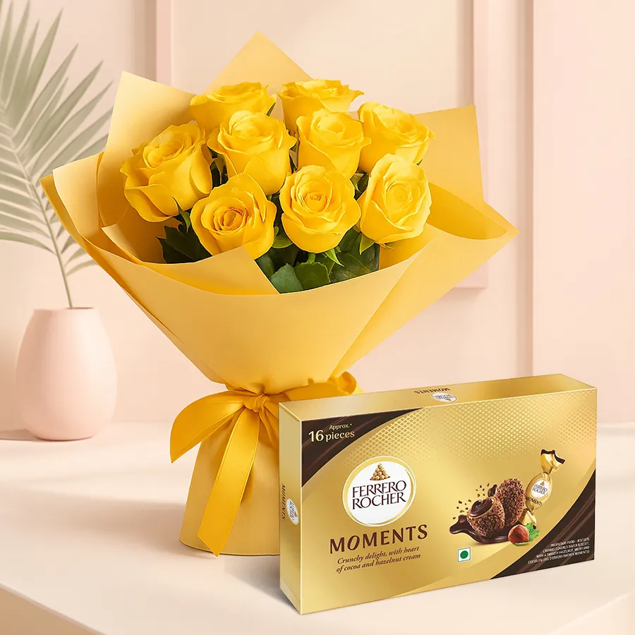 Bouquet of yellow roses paired with Ferrero Rocher chocolates in a charming gift combo.