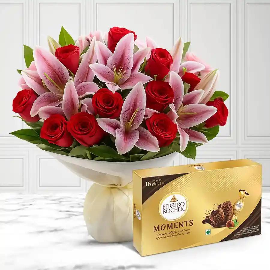 Stunning Lily-Rose Celebration Bouquet with Ferrero Rocher chocolates