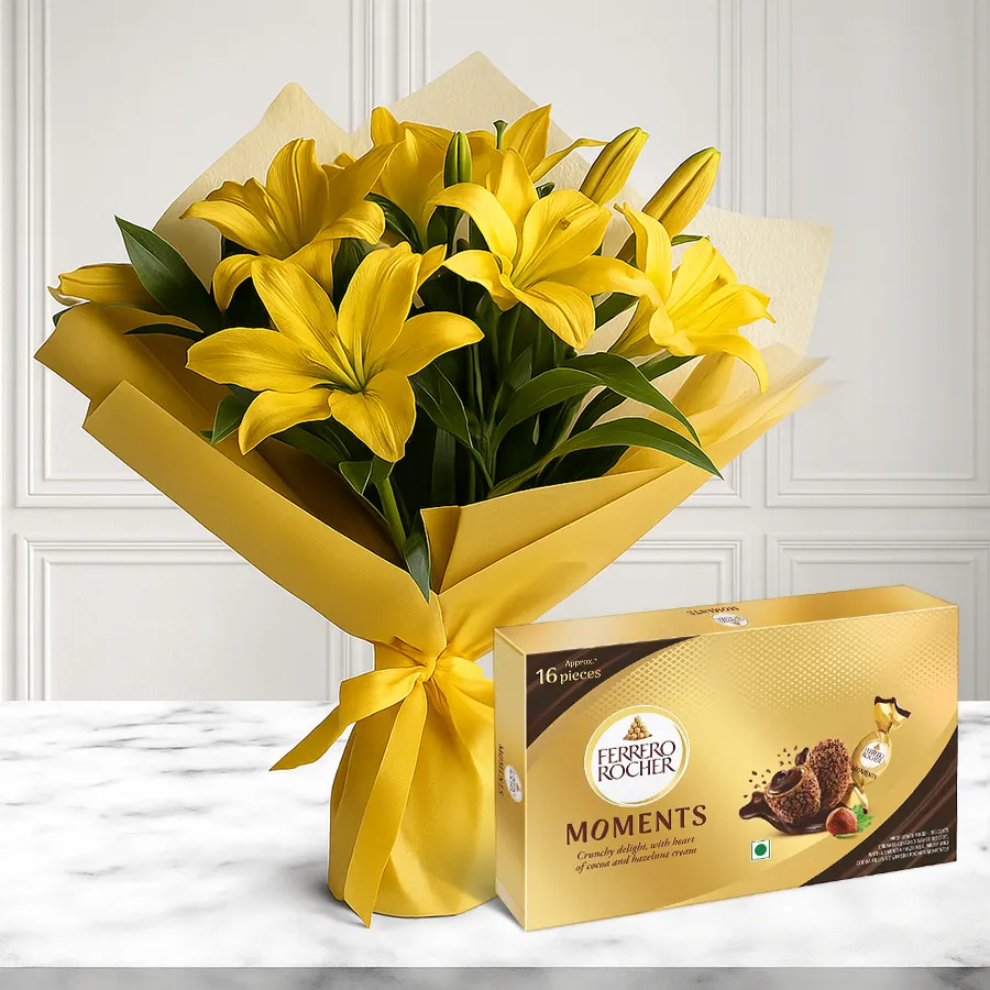 A bouquet of vibrant yellow lilies paired with a box of Ferrero Rocher chocolates, symbolizing joy and friendship.