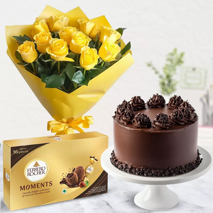 A delightful gift combo featuring a yellow rose bouquet, Ferrero Rocher chocolates, and a chocolate cake.
