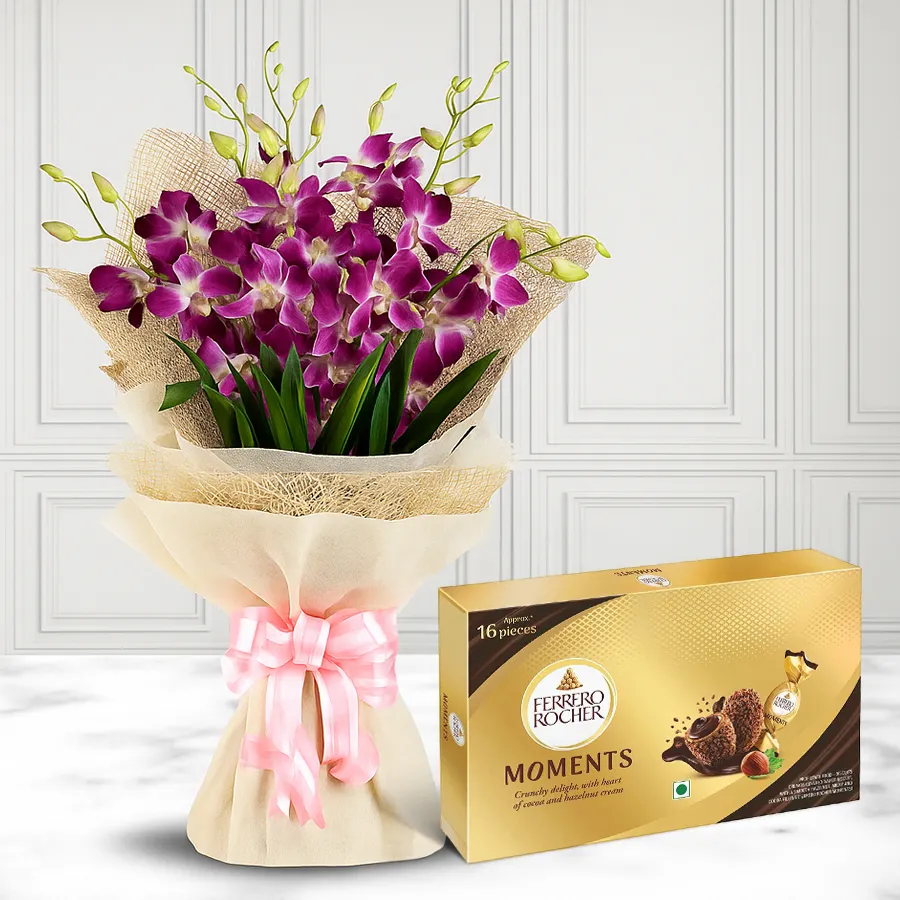 A stunning bouquet of 6 purple orchids with a Ferrero Rocher Moment chocolate box, perfect for expressing love and affection.
