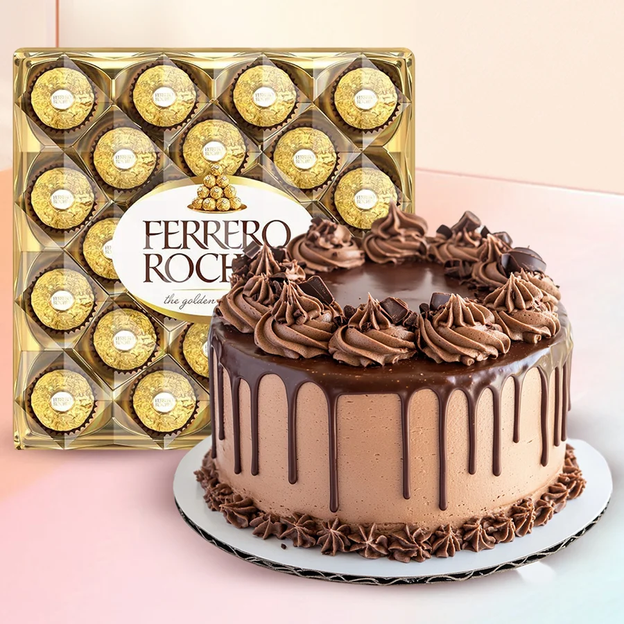 Divine Chocolate Bliss Celebration Set with Ferrero Rocher and Chocolate Truffle Cake.