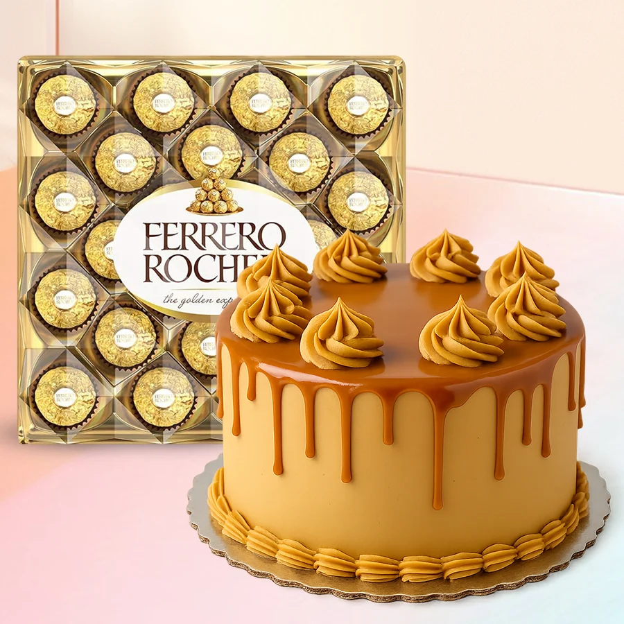 A tantalizing combo of Ferrero Rocher chocolates and an eggless Butter Scotch cake, ideal for gifting.