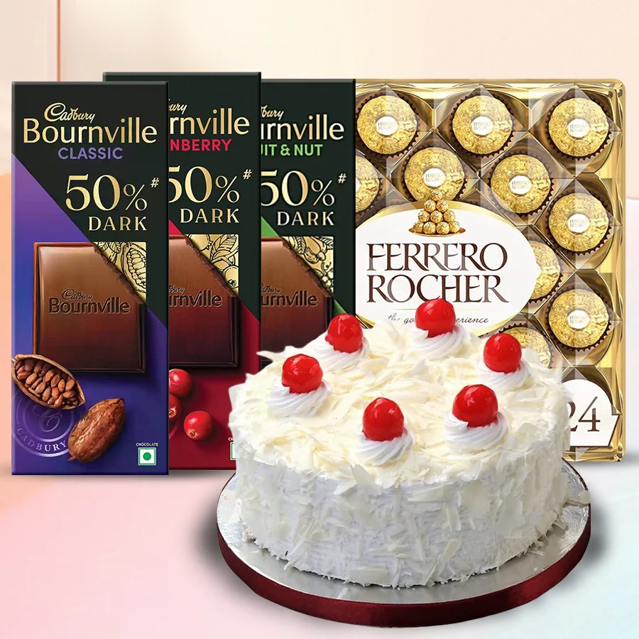 Chocolate Celebration Cake Combo with Bournville and Ferrero Rocher chocolates.