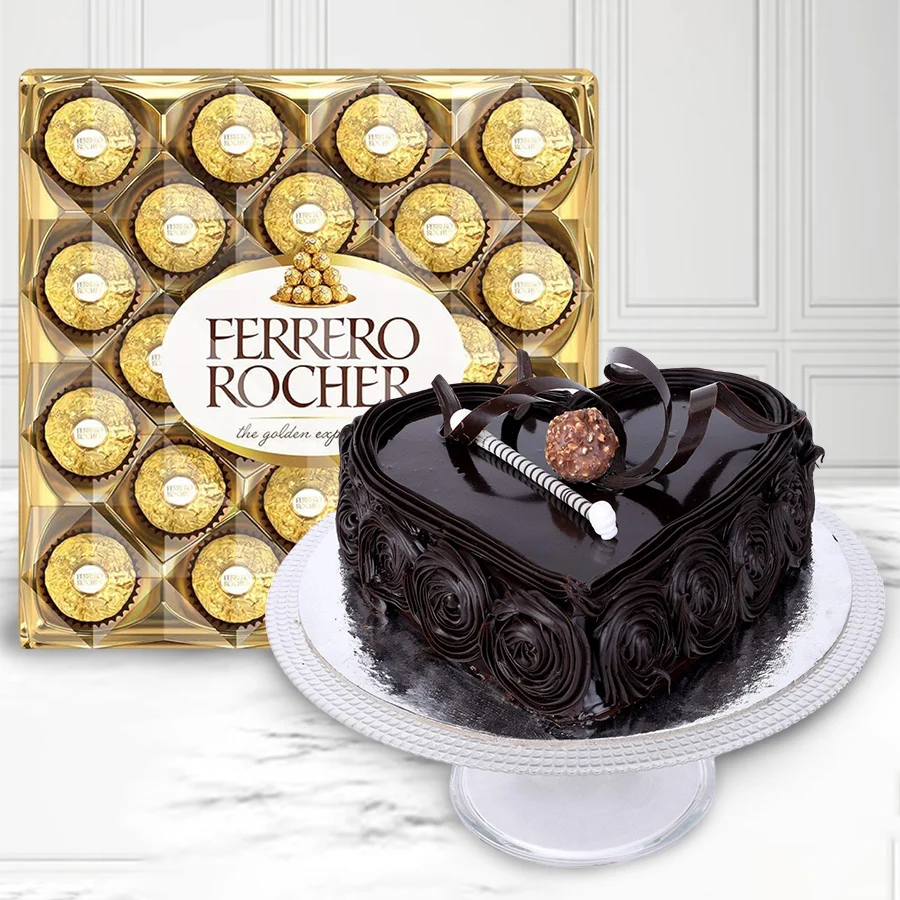 Heart-shaped chocolate cake with Ferrero Rocher chocolates combo.