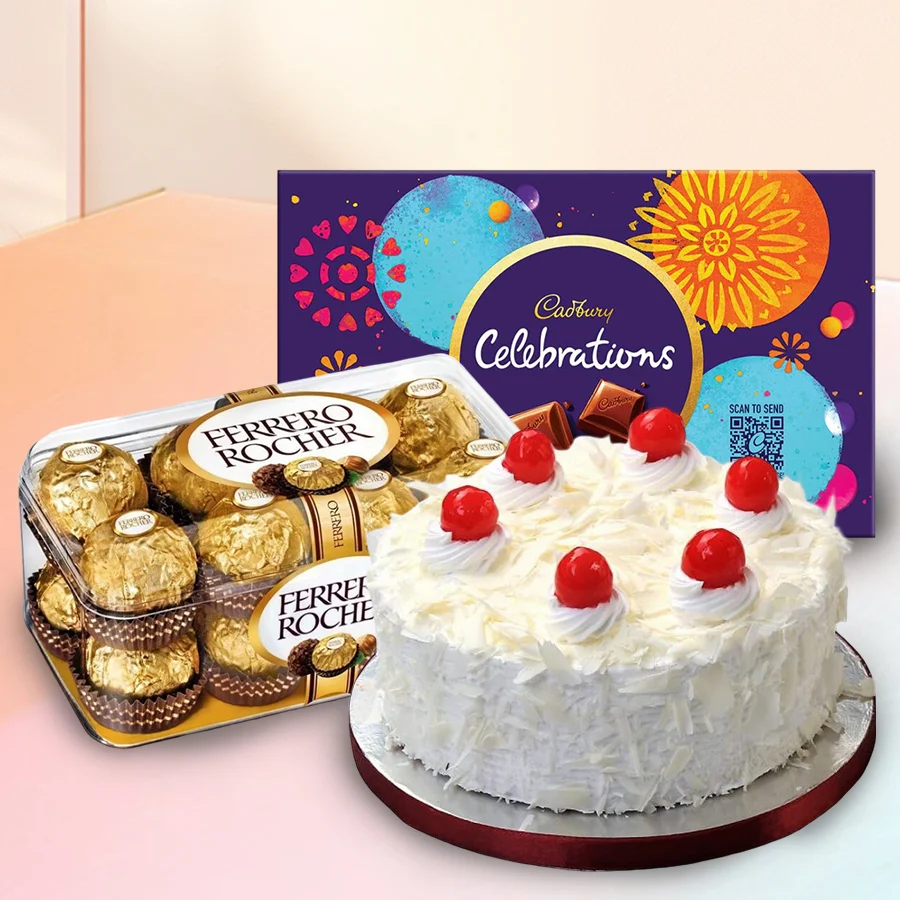 Delightful combo featuring Ferrero Rocher, Cadbury Celebration chocolates, and a White Forest Cake.
