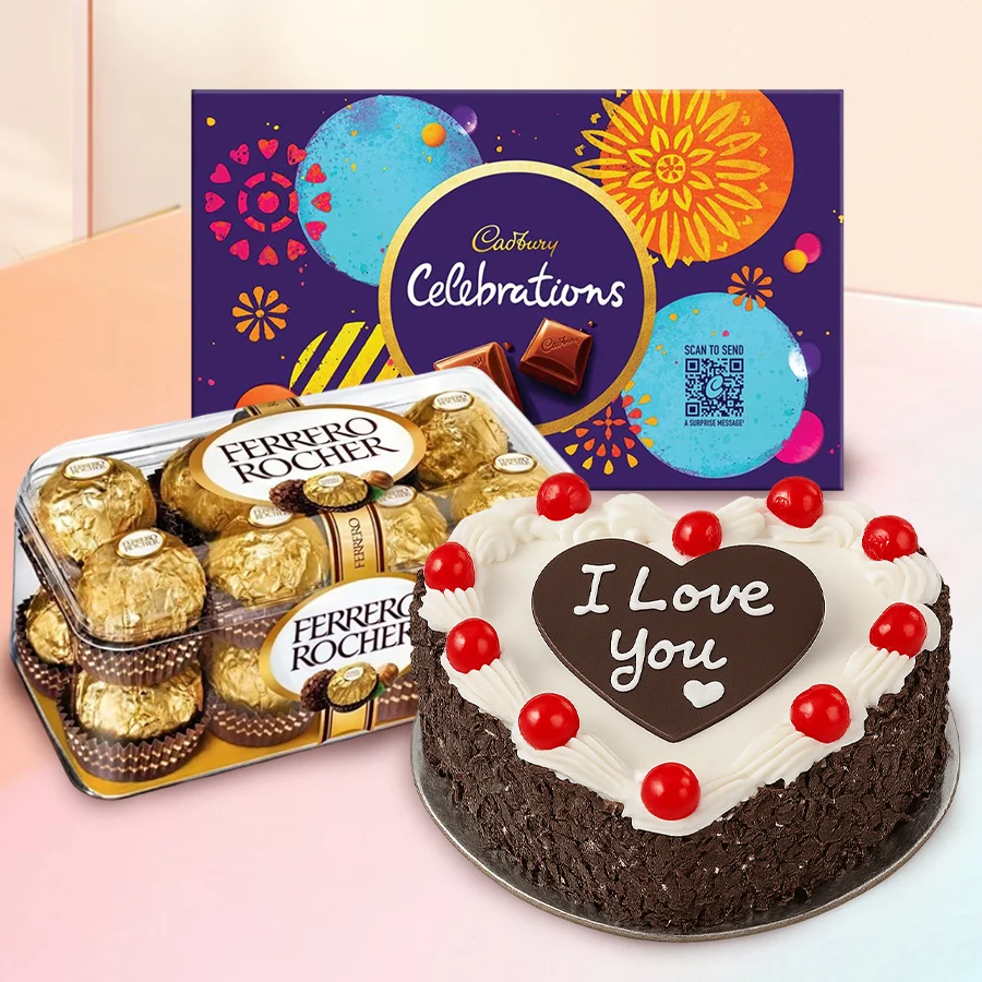 Heart-shaped eggless black forest cake with Ferrero Rocher and Cadbury Celebration chocolates.