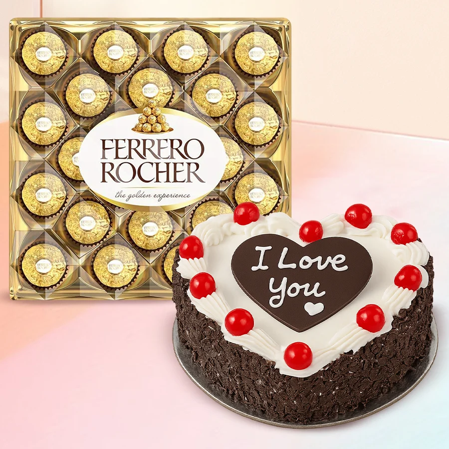 Heart-shaped Black Forest cake with Ferrero Rocher chocolates.