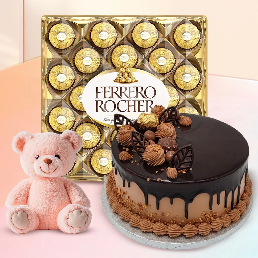 Ecstatic Gift featuring Ferrero Rocher chocolates, chocolate truffle cake, and a cute pink teddy bear.