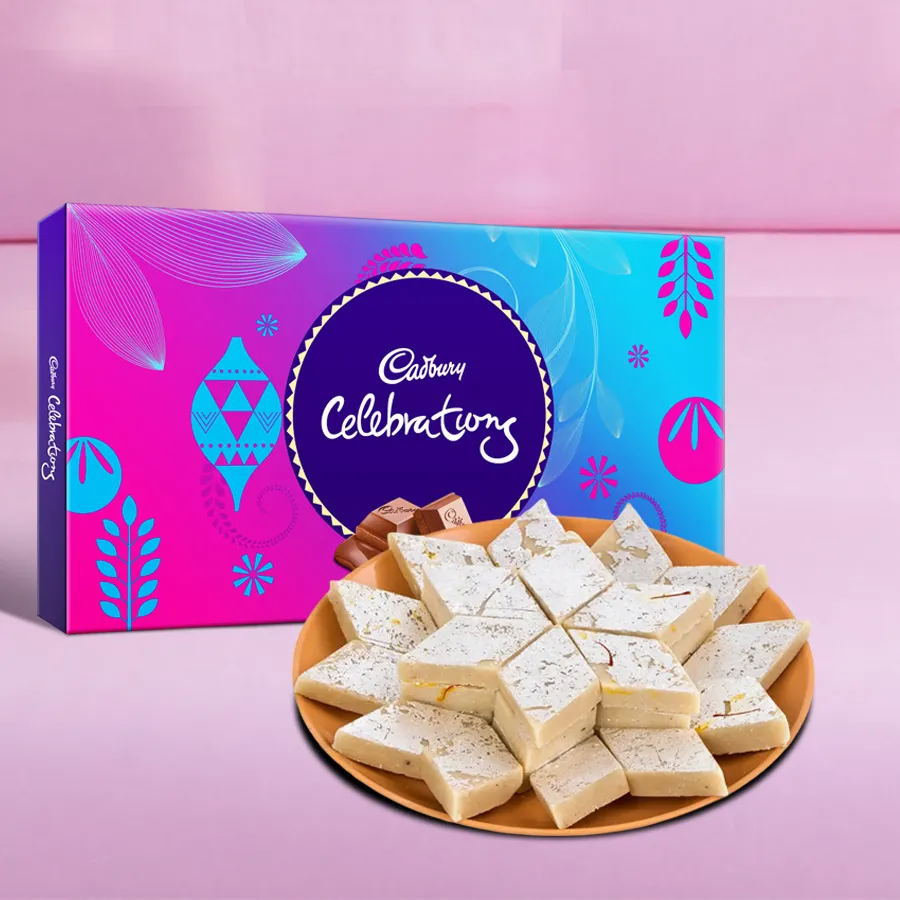 Festive Kaju Katli from Haldiram paired with Cadbury Celebrations chocolate pack.