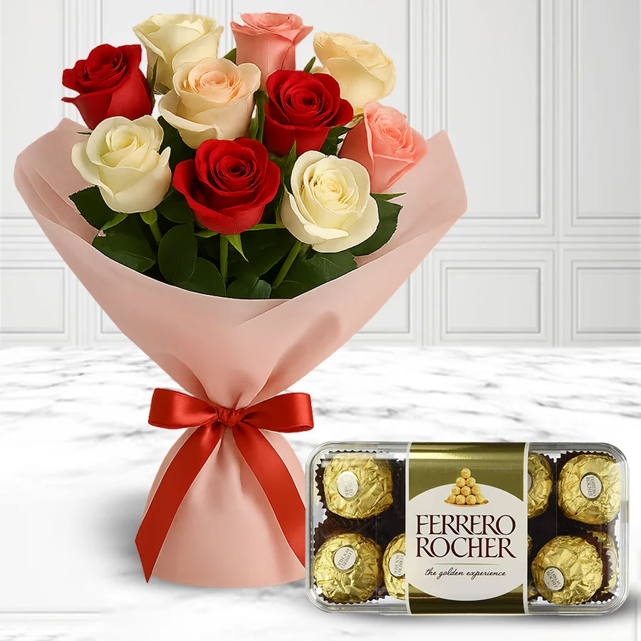 A vibrant bouquet of 12 mixed roses, elegantly tissue wrapped and tied with a charming ribbon.