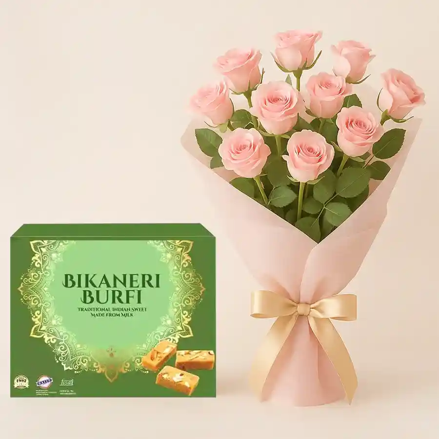 Tasteful Adoration gift featuring Bikaneri Burfi and pink roses.