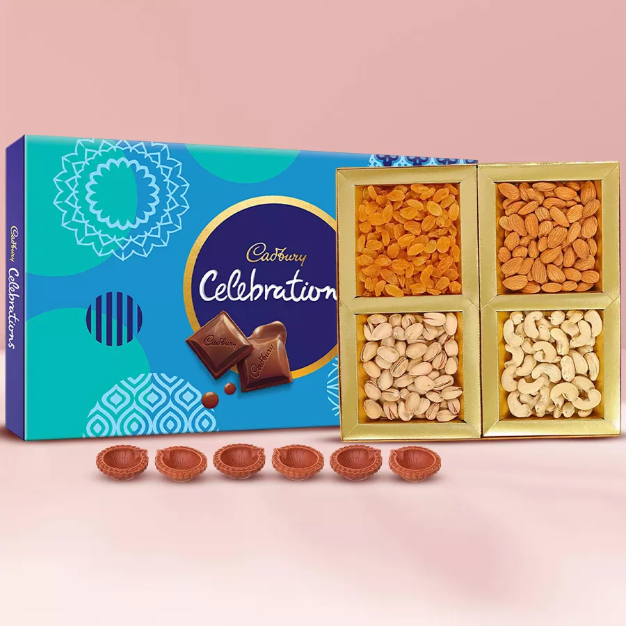 Sweetness of Diwali Delight Hamper with Cadbury, dry fruits, and diyas.