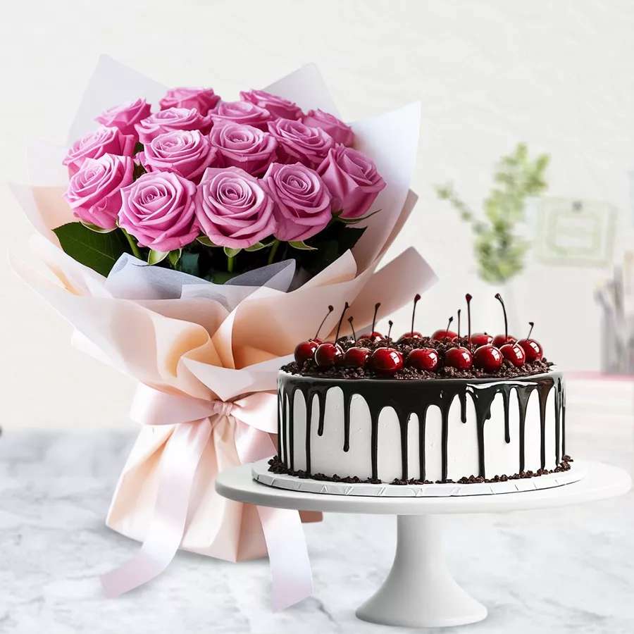 Pink rose bouquet with a decadent Black Forest cake, perfect for gifting.