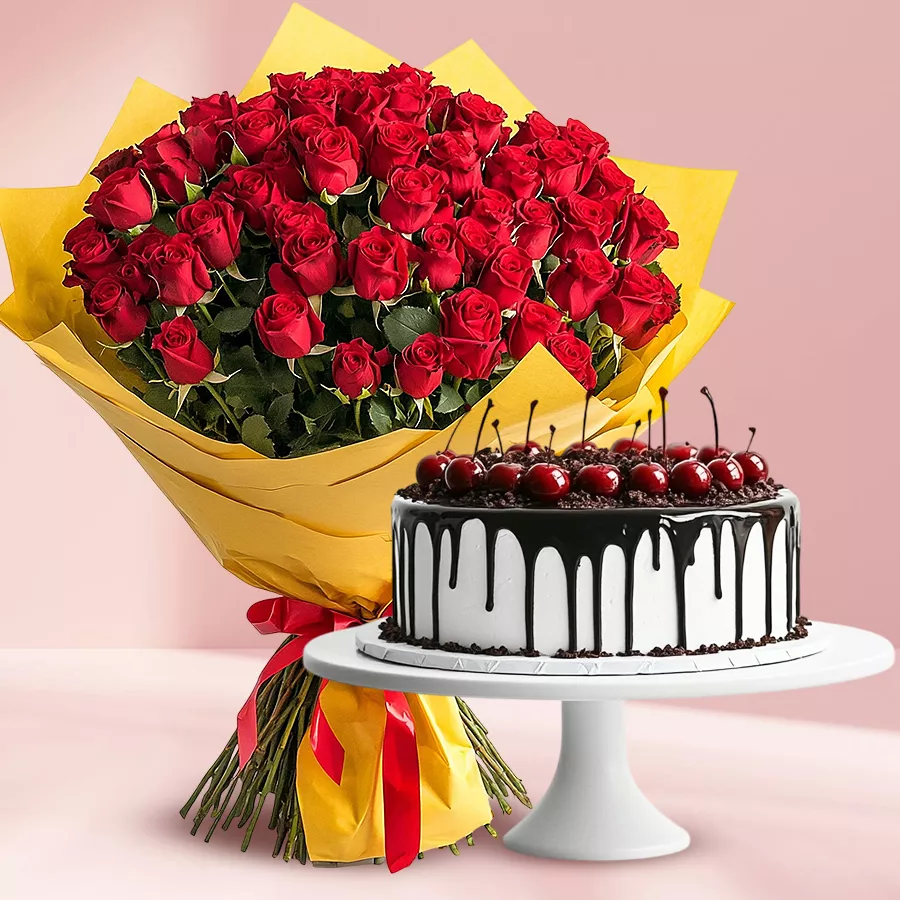 A beautiful combo of 50 red roses and a 500g Black Forest cake, ideal for celebrations and special moments.