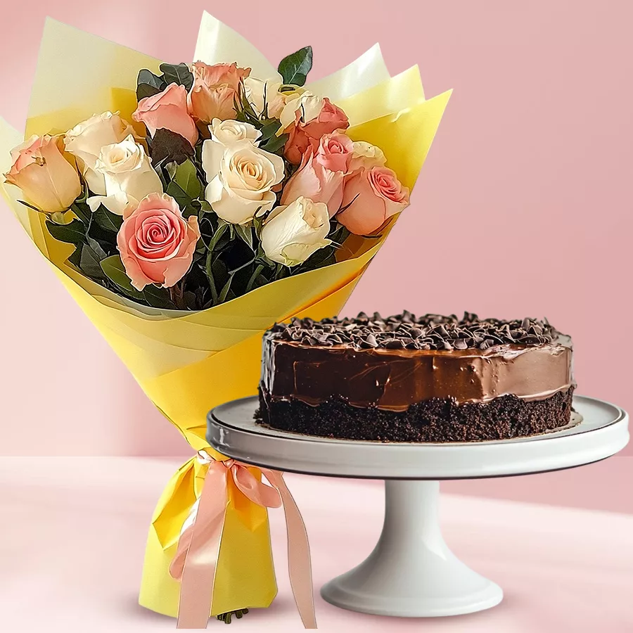 Combo of 12 assorted roses and a 500g chocolate cake for gifting.