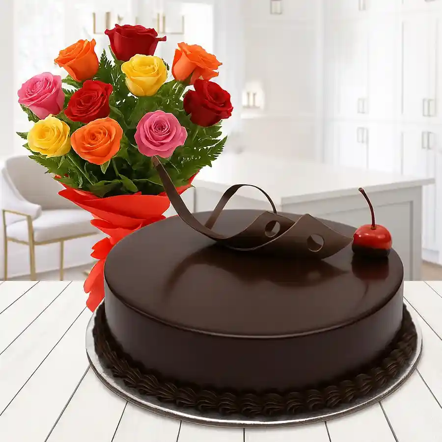 A beautiful arrangement of 12 mixed roses accompanied by a rich 1/2 kg chocolate cake, perfect for celebrations or heartfelt gestures.