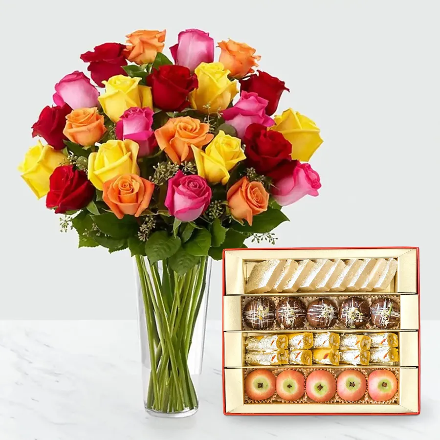 A beautiful gift combo featuring 24 mixed roses and a 500-gram assortment of delectable mithai, ideal for expressing love and appreciation.