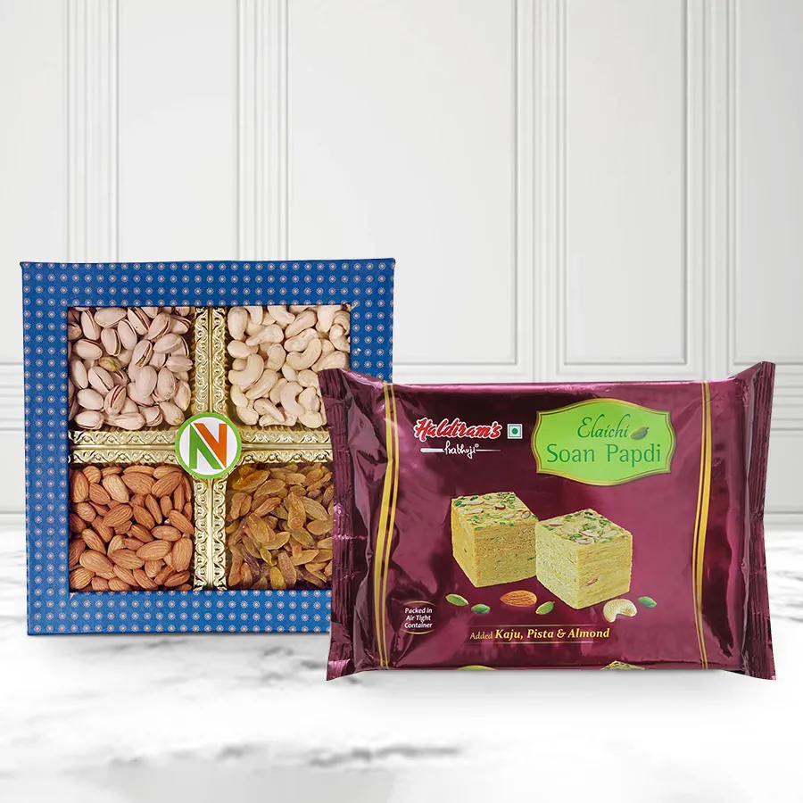 Gourmet gift of Haldirams Soan Papdi with mixed dry fruits including almonds and cashews.