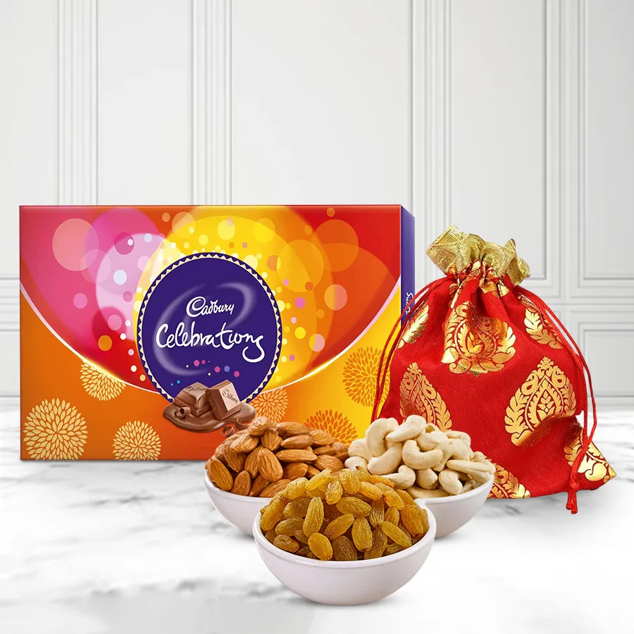 Potli of assorted dry fruits including cashews, raisins, and almonds, paired with a Cadbury Celebrations pack, ideal gift for loved ones.