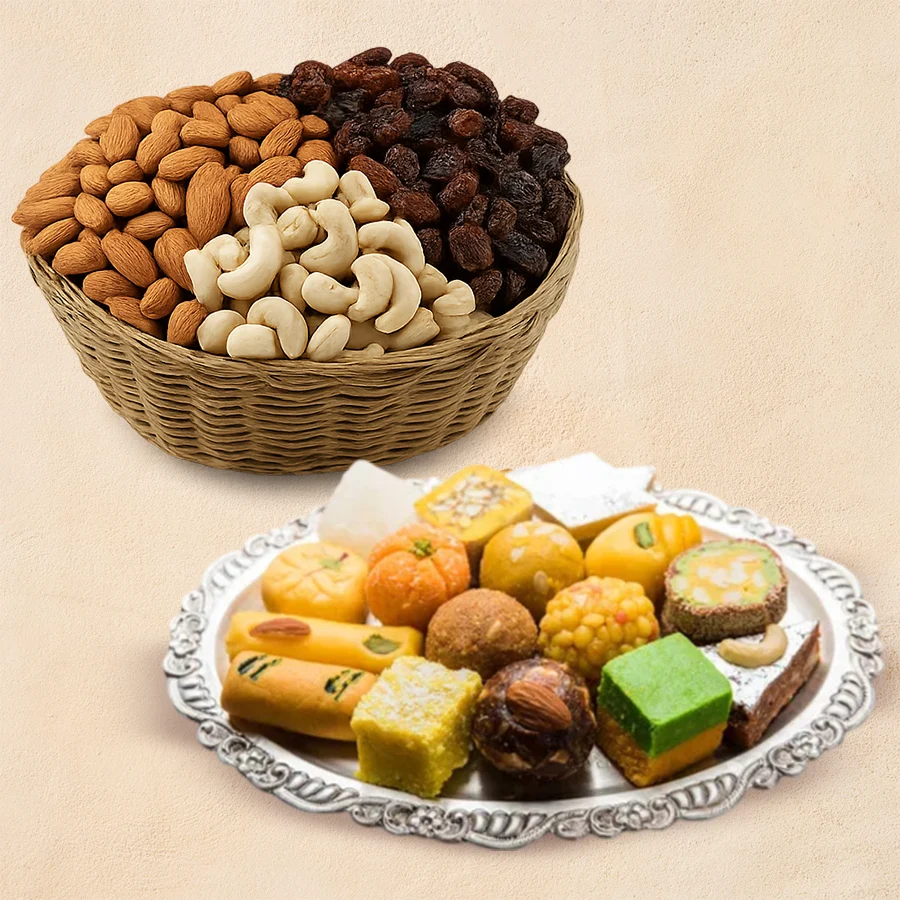 Irresistible mixed sweets and nuts treat featuring Haldirams sweets and an assorted dry fruits potli.