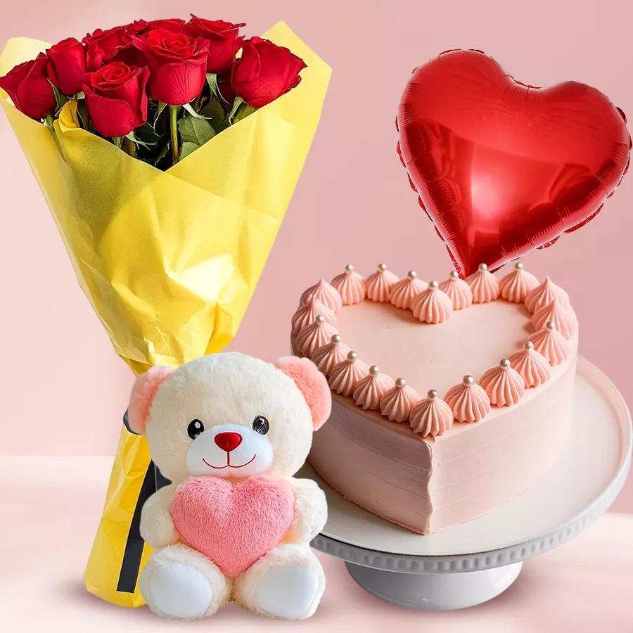Heartfelt Love Gift Hamper with roses, teddy bear, love cake, and heart-shaped balloons.
