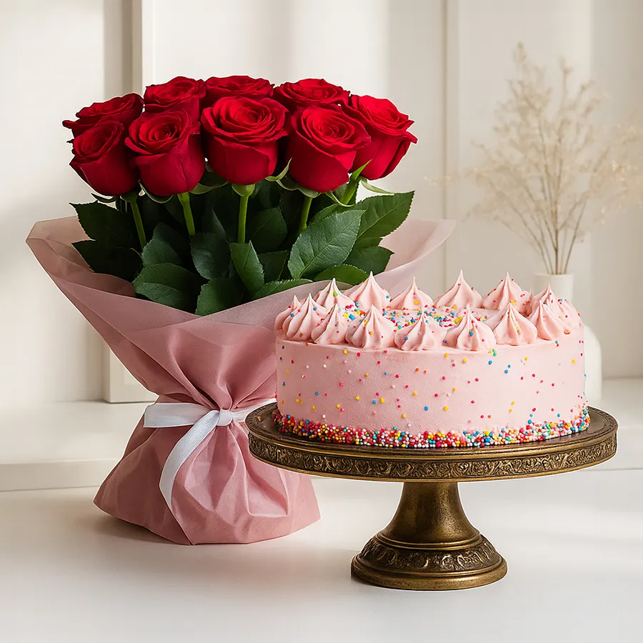Combo of 12 Dutch Roses and a 1 Kg eggless cake, ideal gift.