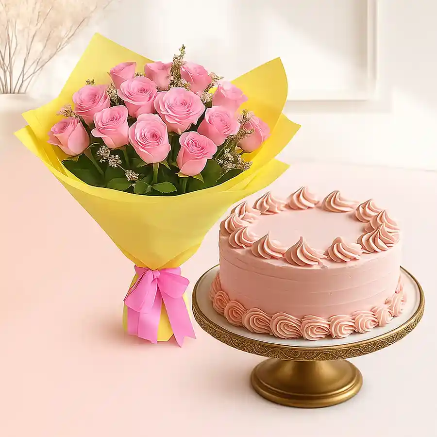 A beautiful arrangement featuring 12 pink roses and a 1 Kg eggless cake, perfect for Mother's Day celebrations.