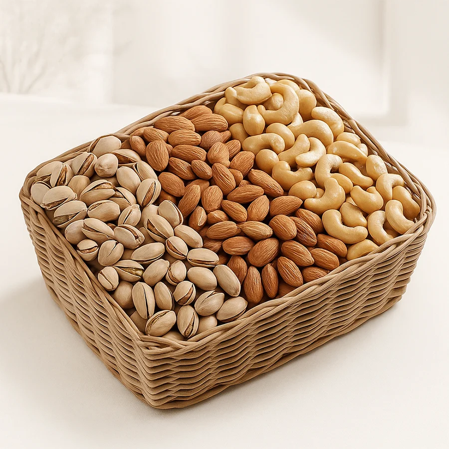 Savory Nut Medley Gift Basket showcasing salted cashews, almonds, and pistachios.