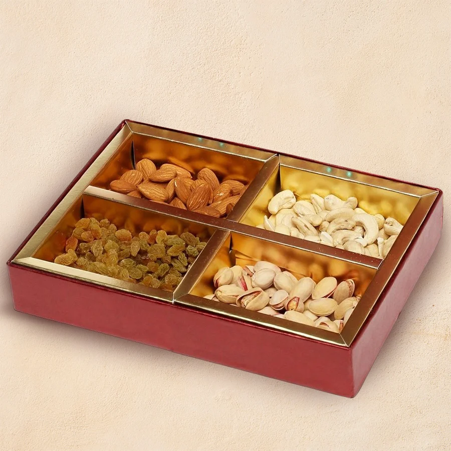 Beautiful tray filled with almonds, raisins, cashews, and walnuts for celebrations.