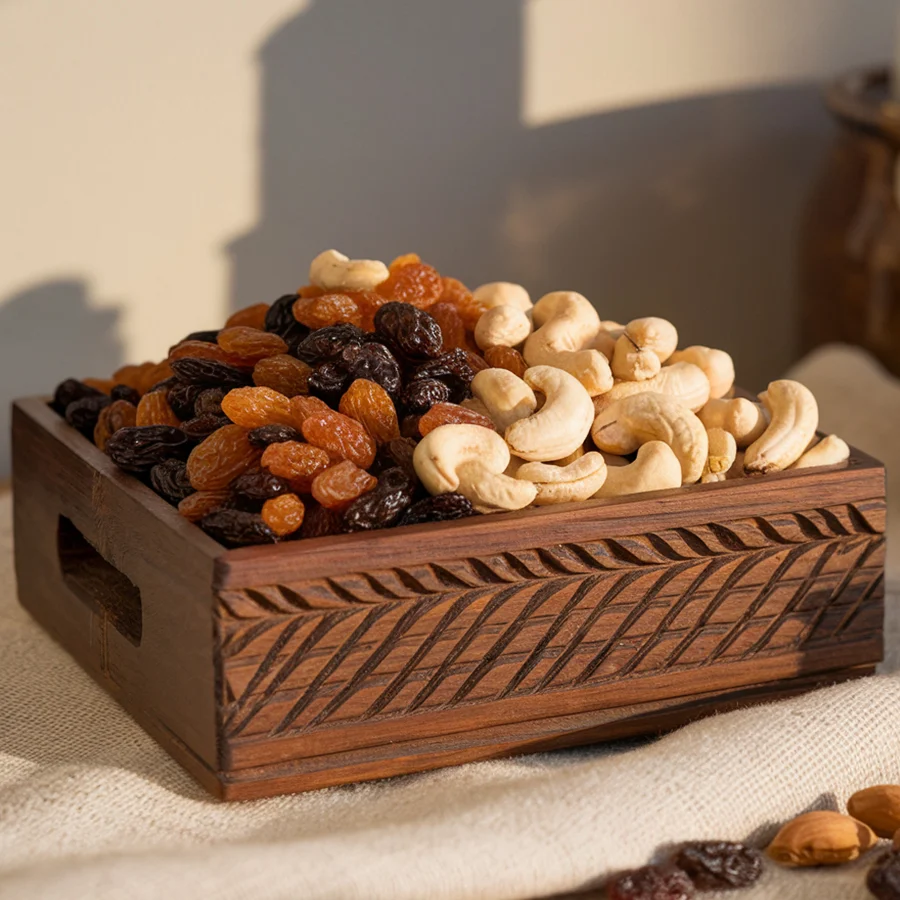 Nutty Raisin Love Gift Box with cashews and raisins in a decorative wooden box.