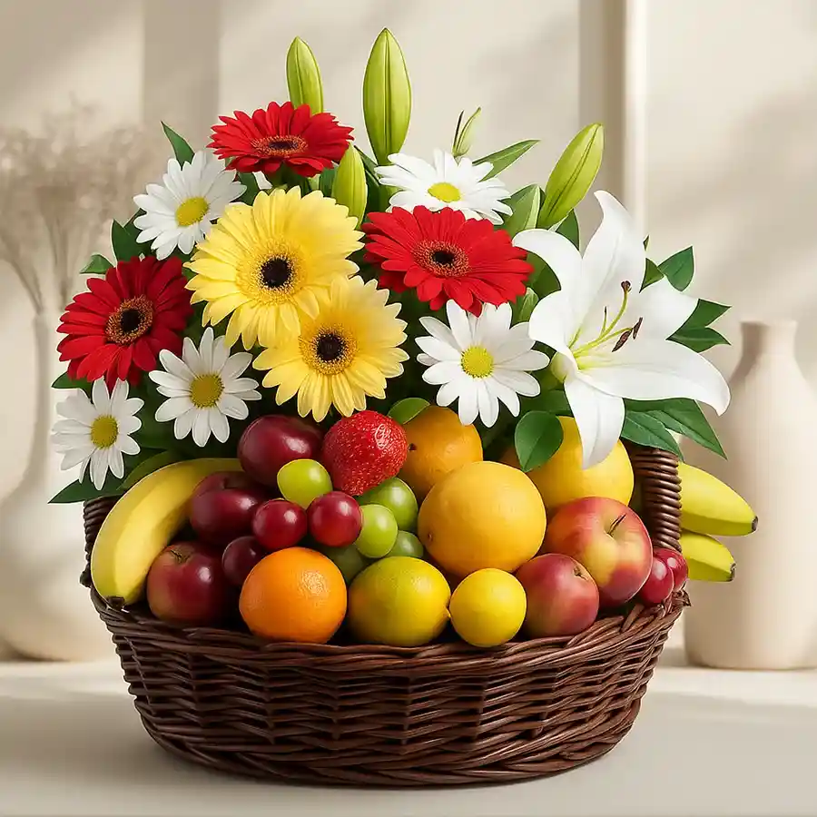 A vibrant fruit and flower basket designed for moms, featuring fresh fruits and seasonal blooms.