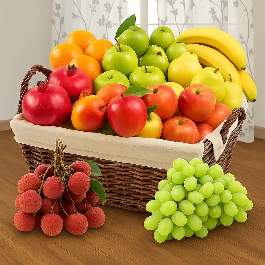 Fresh Fruits Basket filled with apples, pomegranates, pears, seasonal fruits, bananas, and guavas for mom's health.