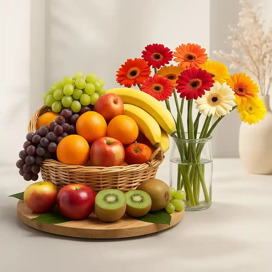A vibrant basket of fresh fruits alongside colorful gerberas in a glass vase, perfect for Mother's Day gifting.