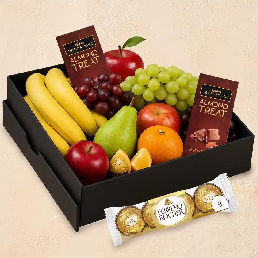 Mother's Day gift box with fresh fruits, Cadbury Temptation, and Ferrero Rocher chocolates.