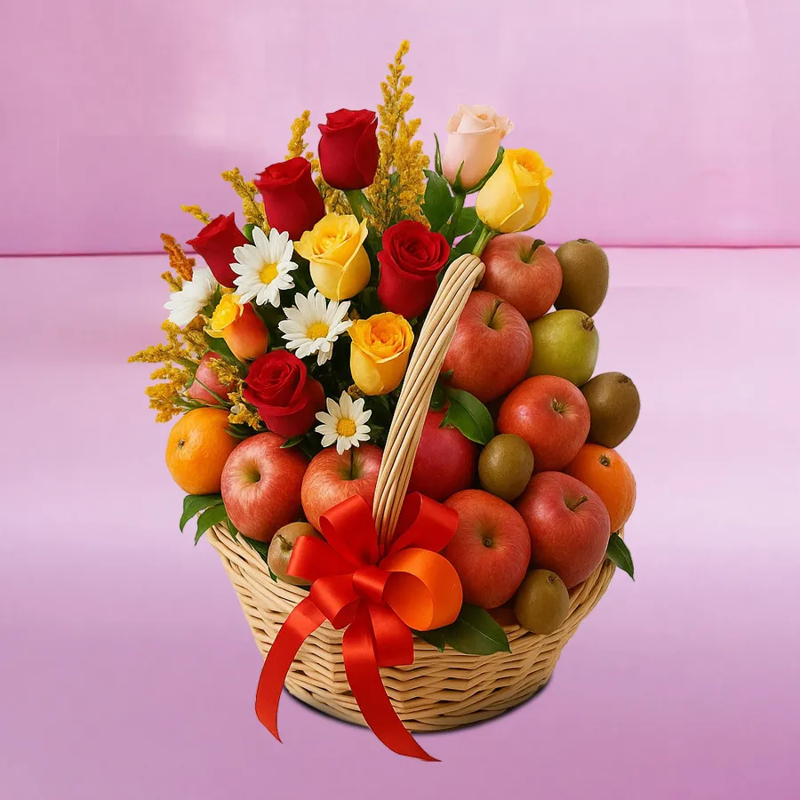 A delightful gift basket filled with 3 Kg of mixed fruits and 15 beautiful mixed flowers, perfect for any special occasion.